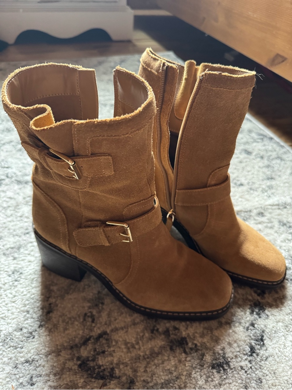 Suede Mid-Calf Heeled Boots with Buckle Detail - Tan